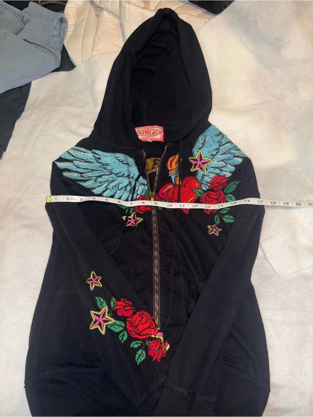 JWLA Black Embroidered Wing & Rose Zip Hoodie